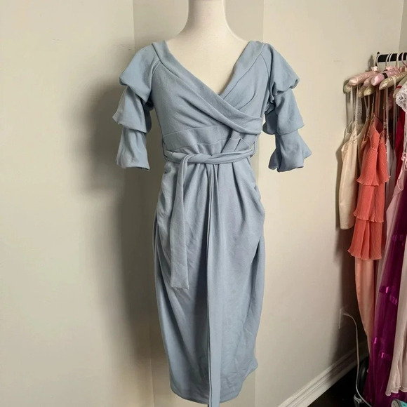NWT Elegant Light Blue Off-Shoulder Maternity Dress 12 - Picture 2 of 6